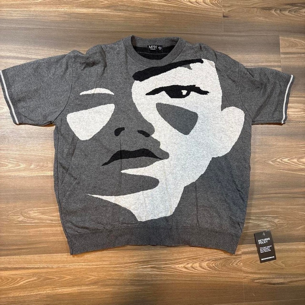 BooHooMAN gray sweater with white and black face graphic, size L